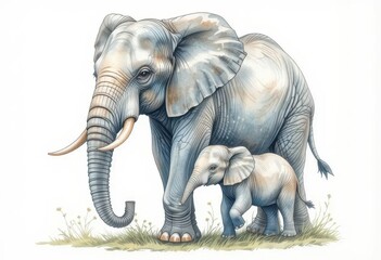 Obraz premium Mother and Baby Elephant Walking Through Grassland Together