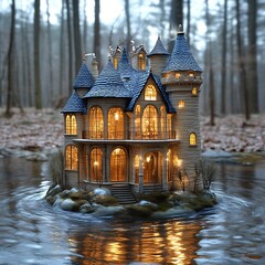 A glowing fairytale castle on an island in a tranquil forest lake.