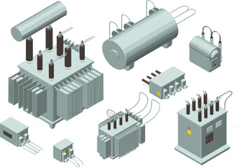 Obraz premium Electrical transformer components, power substation equipment, high voltage transformers, industrial power units, energy conversion system, 3D vector illustration