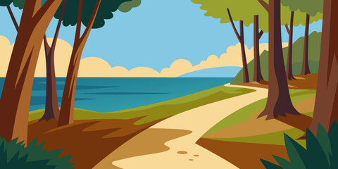 Tropical palm trees line a sunny beach, creating a paradise island seascape