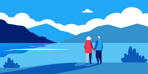 Obraz premium Peaceful Retirement Elderly Couple Enjoying Serene Lakeside View