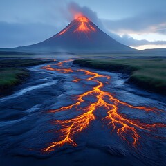 Molten river flows from a volcanic peak.