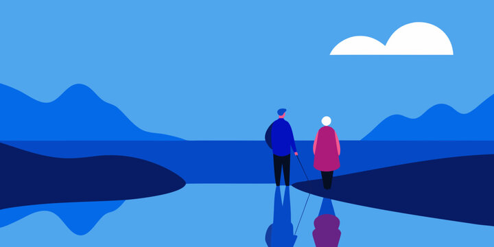 Serene Sunset Elderly Couple Enjoying Peaceful Lake View