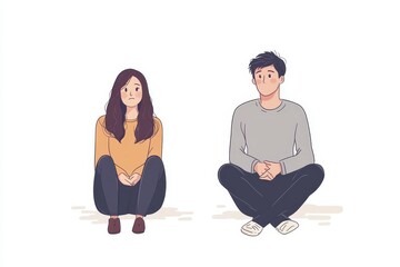 Quarrelling couple concept, Asian wife and husband sitting apart, sad after a dispute at home, Generative AI