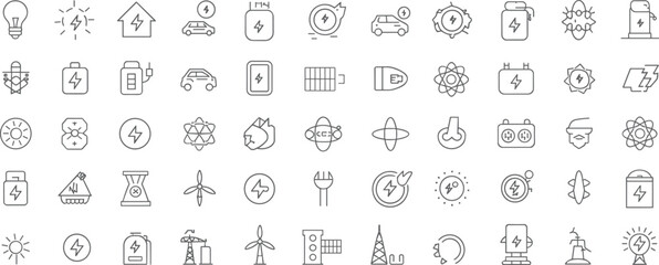Energy and electricity outline icon set, electric power, renewable sources, smart grid, battery, solar, and EV symbols vector pack