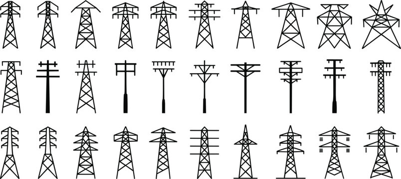 Electricity transmission tower and utility pole silhouette set, power grid infrastructure, high voltage pylon vector icons for energy distribution design
