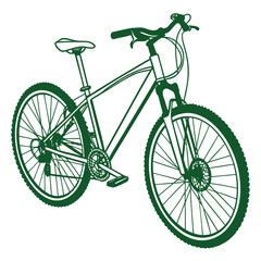 Green line art illustration of a modern mountain bicycle with knobby tires and suspension fork on a white background