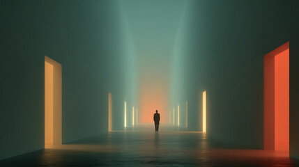 A solitary figure walks through a surreal, glowing corridor towards an unknown destination.
