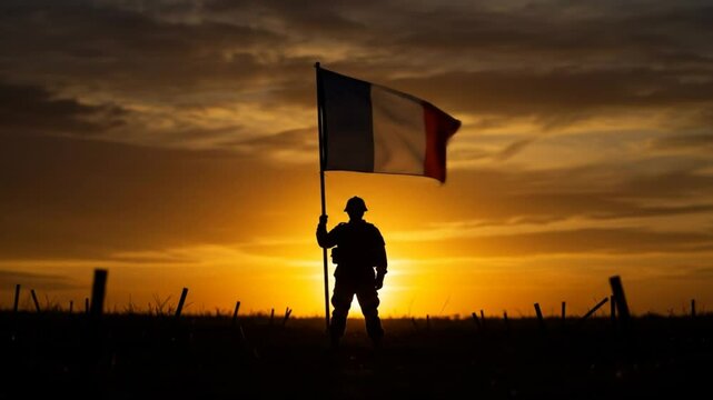Silhouette of a soldier holding a waving flag against an intense sunset sky with dramatic cloud