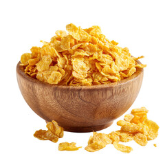 Golden corn flakes in wooden bowl with scattered flakes isolated on transparent background


