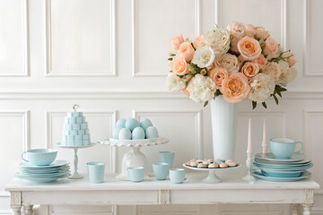Elegant party buffet with a dessert table featuring pastel blue tableware, sweets, and a lush bouquet of peach and cream roses. For a wedding or chic celebration generative ai