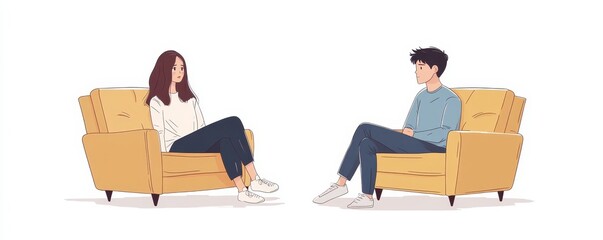 Quarrelling couple concept, Asian wife and husband sitting separately after an argument, showing emotional distance, Generative AI