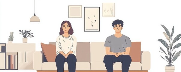 Quarrelling couple concept, Asian wife and husband sitting separately after an argument, showing emotional distance, Generative AI