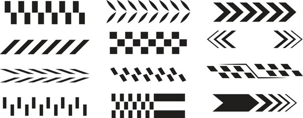 Set of black racing stripes and chevron arrow designs in various styles. Ideal for vehicle decals, sports graphics, motion elements, UI indicators, and speed-themed vector illustrations.