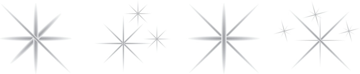 Glossy sparkle and shining star effects in soft gradient style. Ideal for overlays, light effects, holiday decorations, magical scenes, and dreamy graphic design in high-resolution vector format.