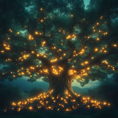 A magnificent, luminous tree with a village nestled at its base.