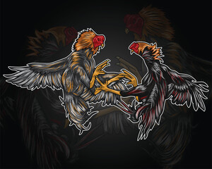 Vector illustration of two fighting cocks fighting.