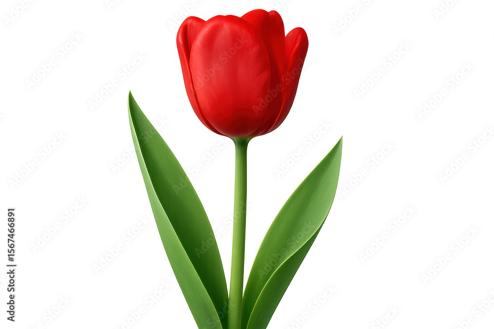 Poster realistic 3d rendering of a single red tulip with green leaves, isolated on a transparent background