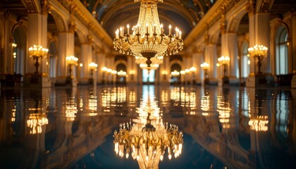 Obraz premium A conceptual photo of a desktop wallpaper with a deep, reflective water surface, showing a blurred reflection of an opulent chandelier or a grand architectural detail