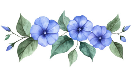 Fototapeta premium Blue Flowers with Green Leaves in Botanical Style Isolated on White Background