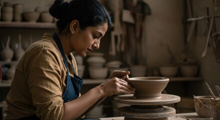 Artisan skillfully shaping a clay vessel on a spinning pottery wheel in a warm workshop environment