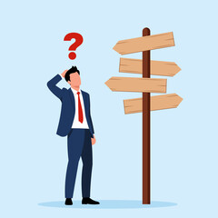 Illustration of a confused businessman with a question mark looking at a signpost with multiple directions, symbolizing decision making and uncertainty.