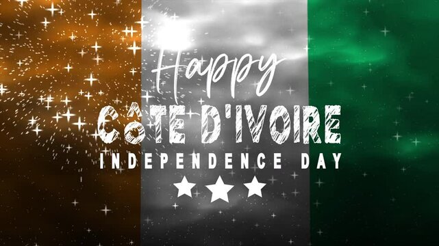 Happy Cote d'Ivoire Independence Day Text Animation with waving flag and fireworks. Great for celebrating national pride in social media posts. Ideal for cultural and patriotic designs. - Powered by Adobe