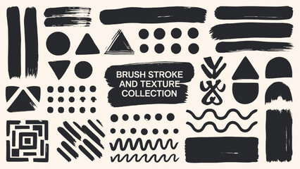 Brush stroke and texture element collection with abstract shapes, geometric forms, grunge marks, and ink details for creative design projects