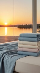 Folded pastel sheets against a sunset lake view, serene bedroom scene