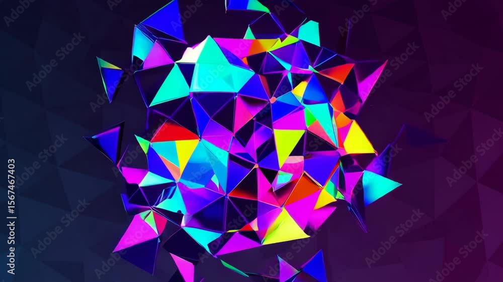 Poster colorful polygonal sphere rotating on dark background