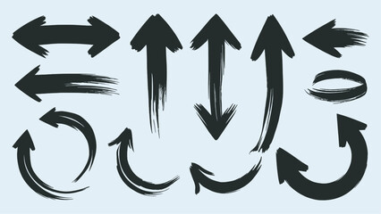 Hand-drawn brush style arrows set with curved, straight, and grunge ink textures for design, direction, navigation, and infographic use