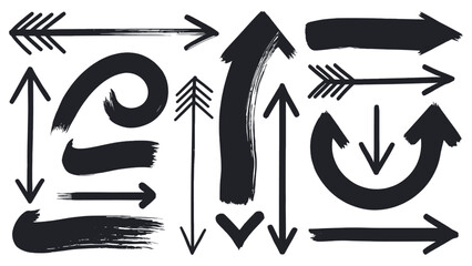 Grunge brush arrows set with varied ink styles including curved, straight, thick, thin, and decorative forms for design and creative direction
