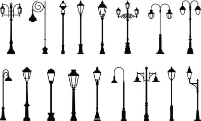 Street lamp collection silhouettes cad drawing flat vector illustration, sixteen decorative pole designs, vintage and modern styles, urban lighting layout
