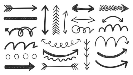 Hand‑Drawn Brush Stroke Arrow Vector Set – Doodle Arrows, Grunge Ink Marks for Design and Infographics