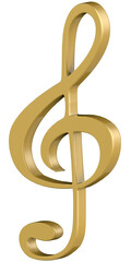 3D golden treble clef note music on transparent background