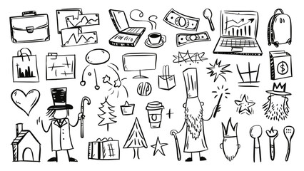 Hand‑Drawn Doodle Sketches Vector Set – Business, Travel, Work Icons and Characters for Creative Projects
