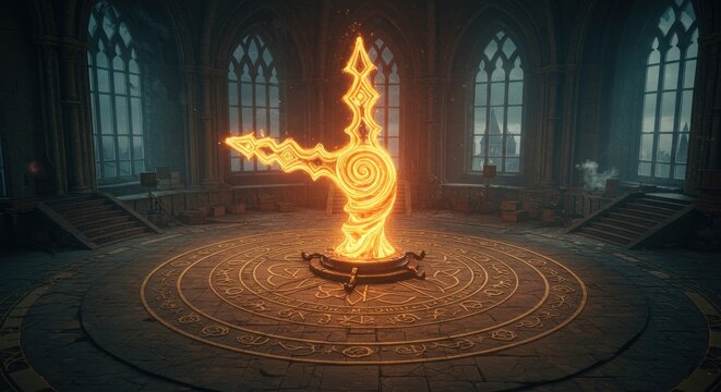 Enigmatic fiery emblem radiating arcane power inside a vast stone chamber