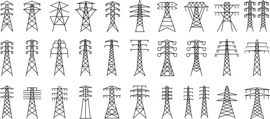 Transmission tower collection cad drawing flat vector illustration, 30 unique pylon silhouettes, electric grid structures, front lattice layout, infrastructure sketchTransmission tower collection
