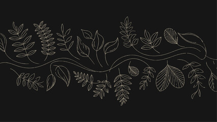 Elegant Dark Background Line Art Botanical Border – Hand‑Drawn Vines, Leaves, Foliage Vector for Design and Branding