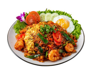 Fototapeta premium Thai fried rice with shrimp omelette fresh vegetables cucumber tomato lettuce fried egg and garnished with green onion and chili vibrant and appetizing meal