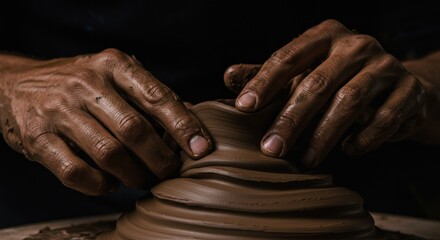 Experienced hands shaping clay on spinning wheel during traditional pottery process