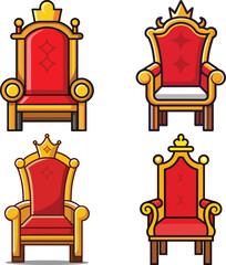Collection of four ornate red and gold thrones with crowns on a white background