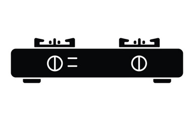 A minimalist black and white icon illustration of a two-burner gas stove
