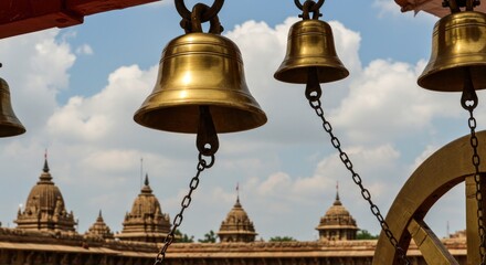 Obraz premium Golden Temple Bells Hanging with Ancient South Indian Architecture Visible Below