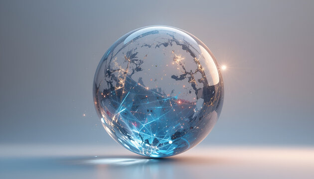 A translucent globe displays illuminated cityscapes and glowing network connections, symbolizing global technology and international business. - Powered by Adobe
