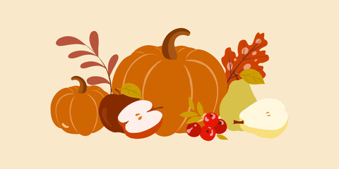 Hand drawn vector set autumn fruit elements. Fall autumn leaves, apples, pears, mushrooms, berries, oak, pumpkins. Colorful fruit autumn illustration.
