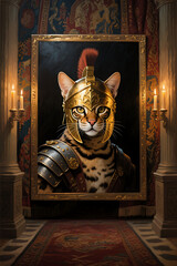 Bengal cat in Roman armor, majestic feline portrait in a gilded frame, regal artwork with candles and tapestry background, fantasy pet art, warm lighting