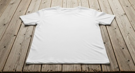 A plain white t-shirt laid flat on a weathered wooden surface.
