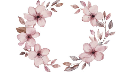 Fototapeta premium Watercolor Frame of Pink Flowers in Circular Wreath Design Isolated on White Background