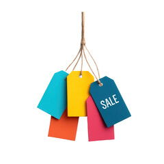 Five colorful price tags tied together with string, one labeled "SALE" in white letters.